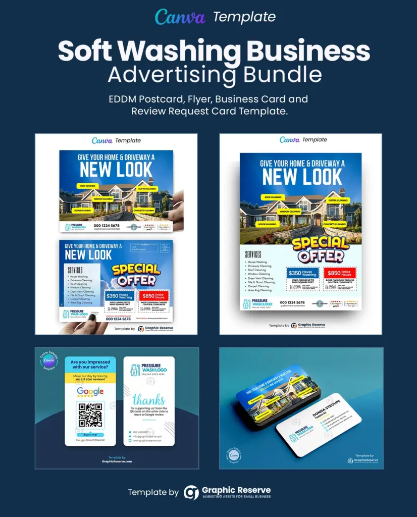 Soft washing advertising eddm postcard, coupon flyer, review request business card and instant quote request business card template