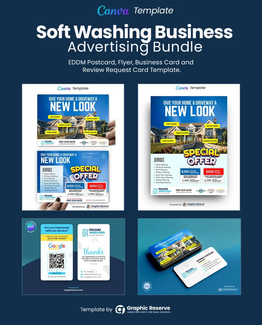 Soft washing advertising eddm postcard, coupon flyer, review request business card and instant quote request business card template