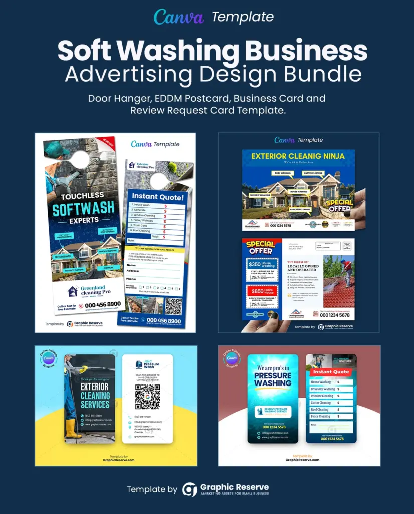 Soft washing Business advertising door hanger, EDDM Postcard, review request business card and instant quote request business card template