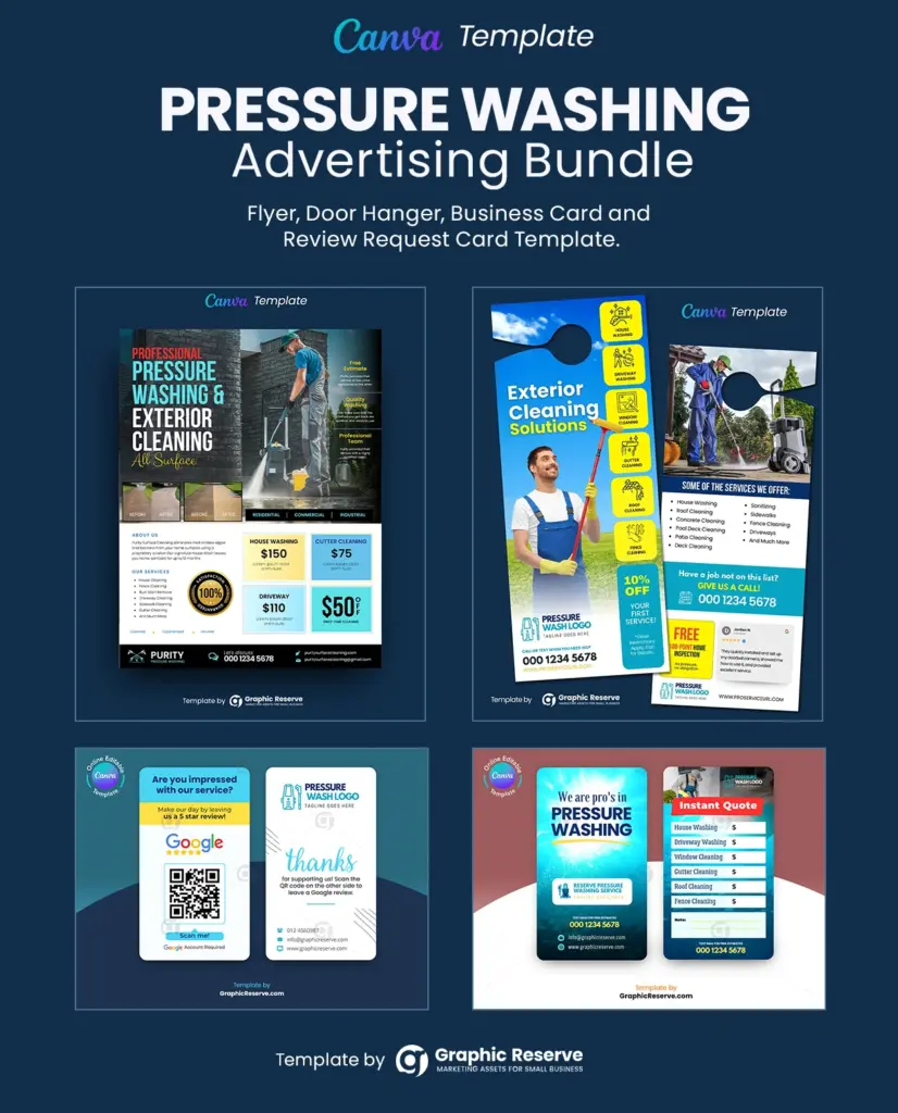 Pressure washing Business advertising door hanger, coupon flyer, review request business card and instant quote request business card template
