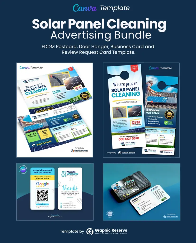 Solar panel cleaning business advertising door hanger, eddm postcard, review request business card and Business Card