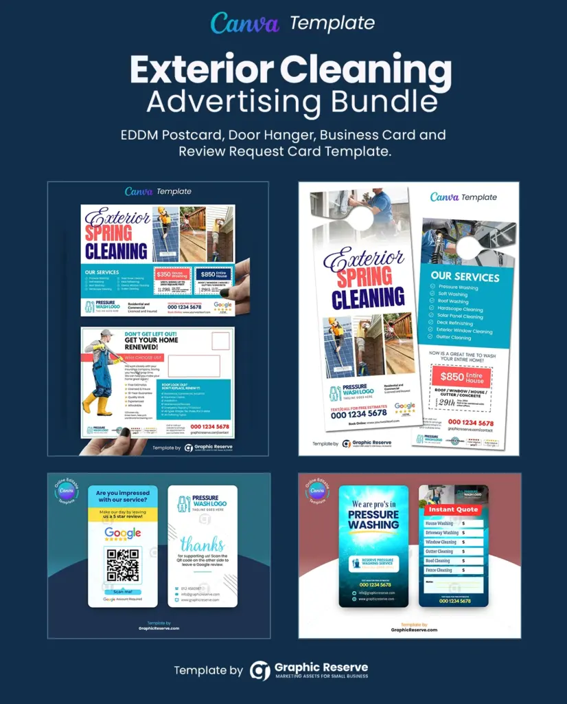 Exterior Cleaning service door hanger, eddm postcard, review request business card.