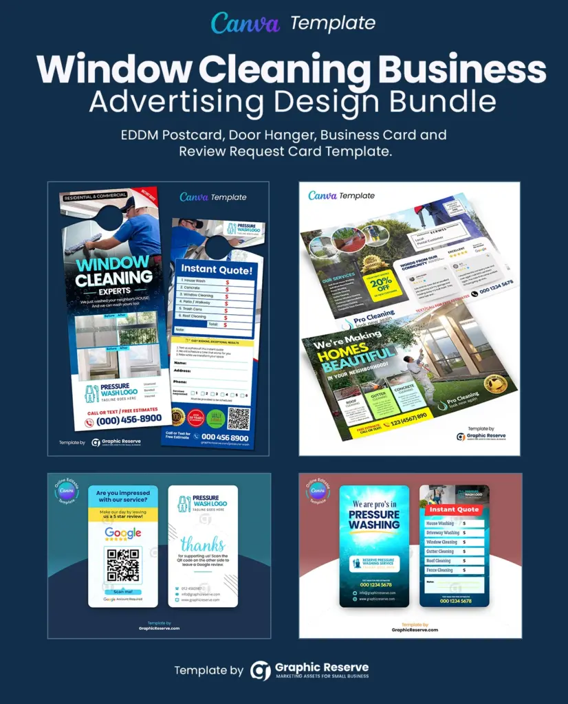 Window cleaning eddm postcard, instant quote door hanger, business card and review request card