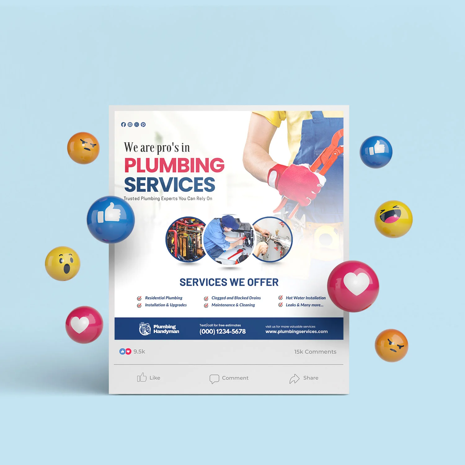 Plumbing Social Media Kit | Editable Canva Design & Plumber Company Posts Bundle – Canva template