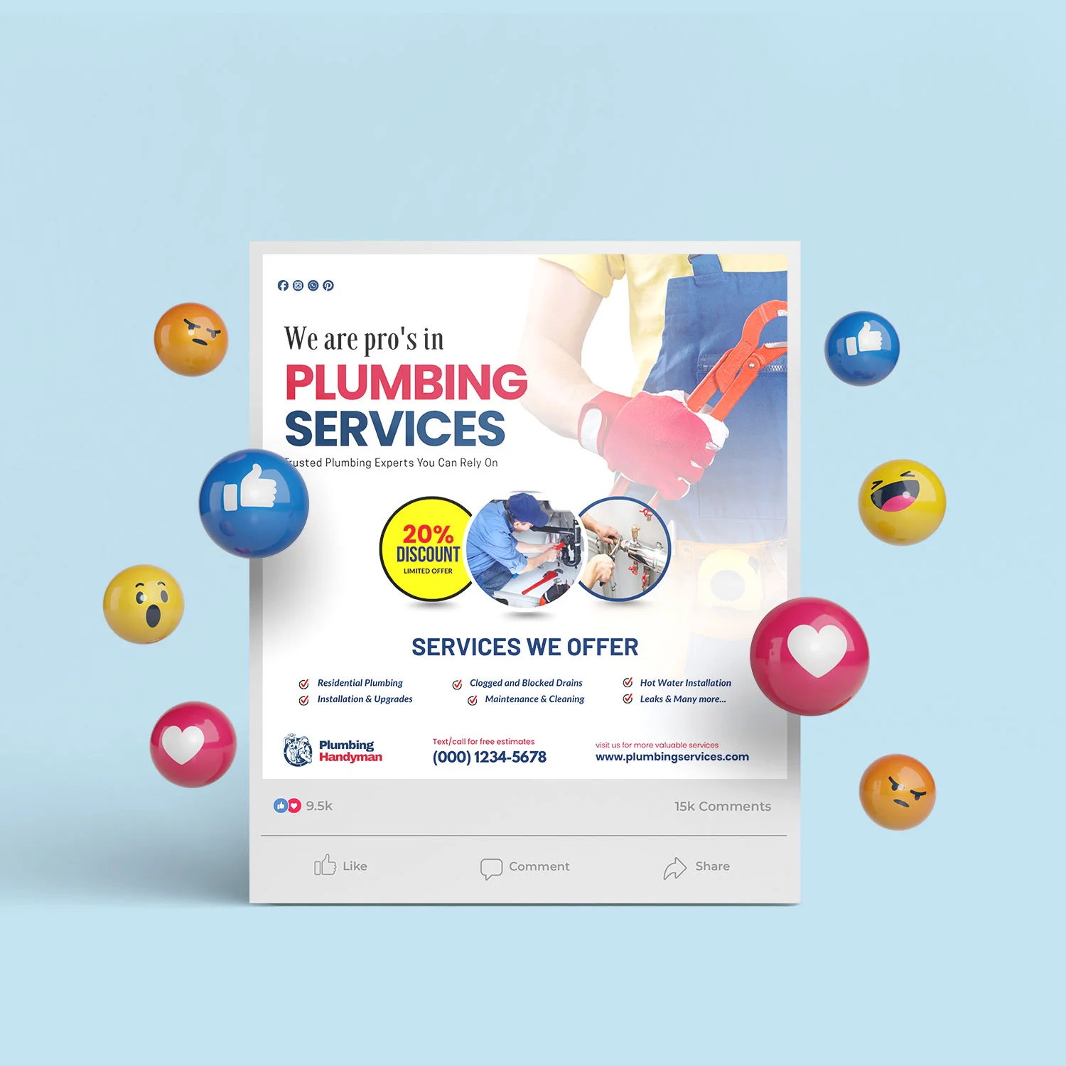 Plumbing Social Media Kit | Editable Canva Design & Plumber Company Posts Bundle – Canva template
