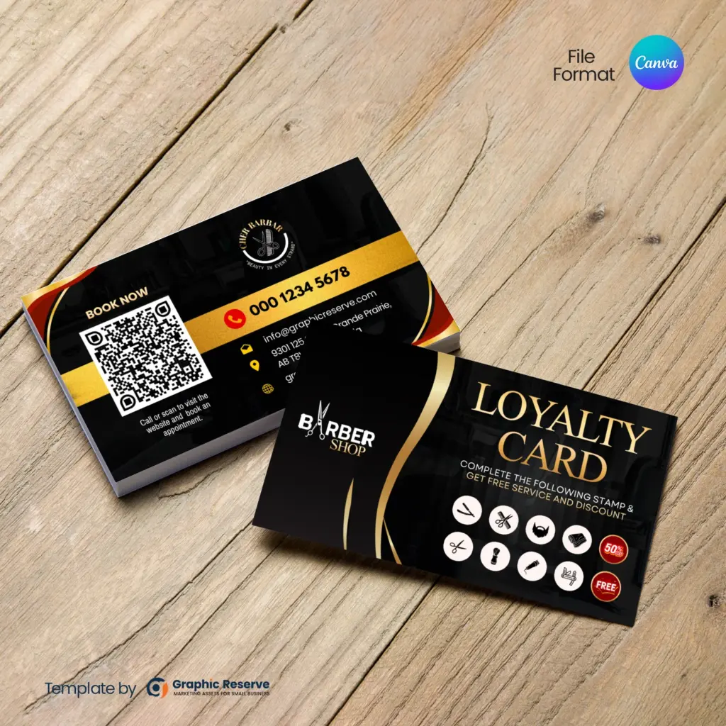 Barber Shop & Gents Parlor Loyalty Card Canva Template for Business Marketing