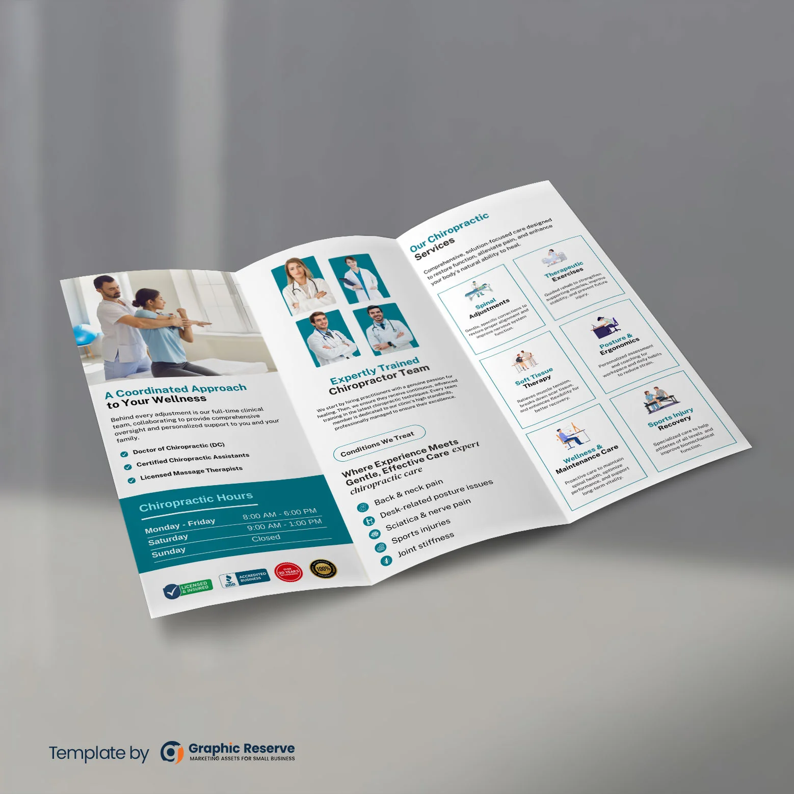Chiropractic Tri-Fold Brochure Canva Template for Clinic Marketing