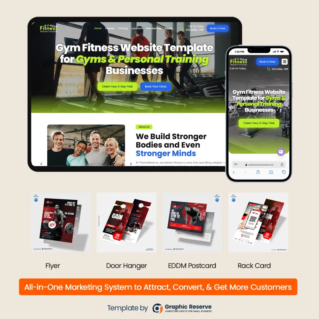 Gym & Fitness Marketing Bundle | Canva Templates + Elementor Website Kit | Fitness Studio Advertising