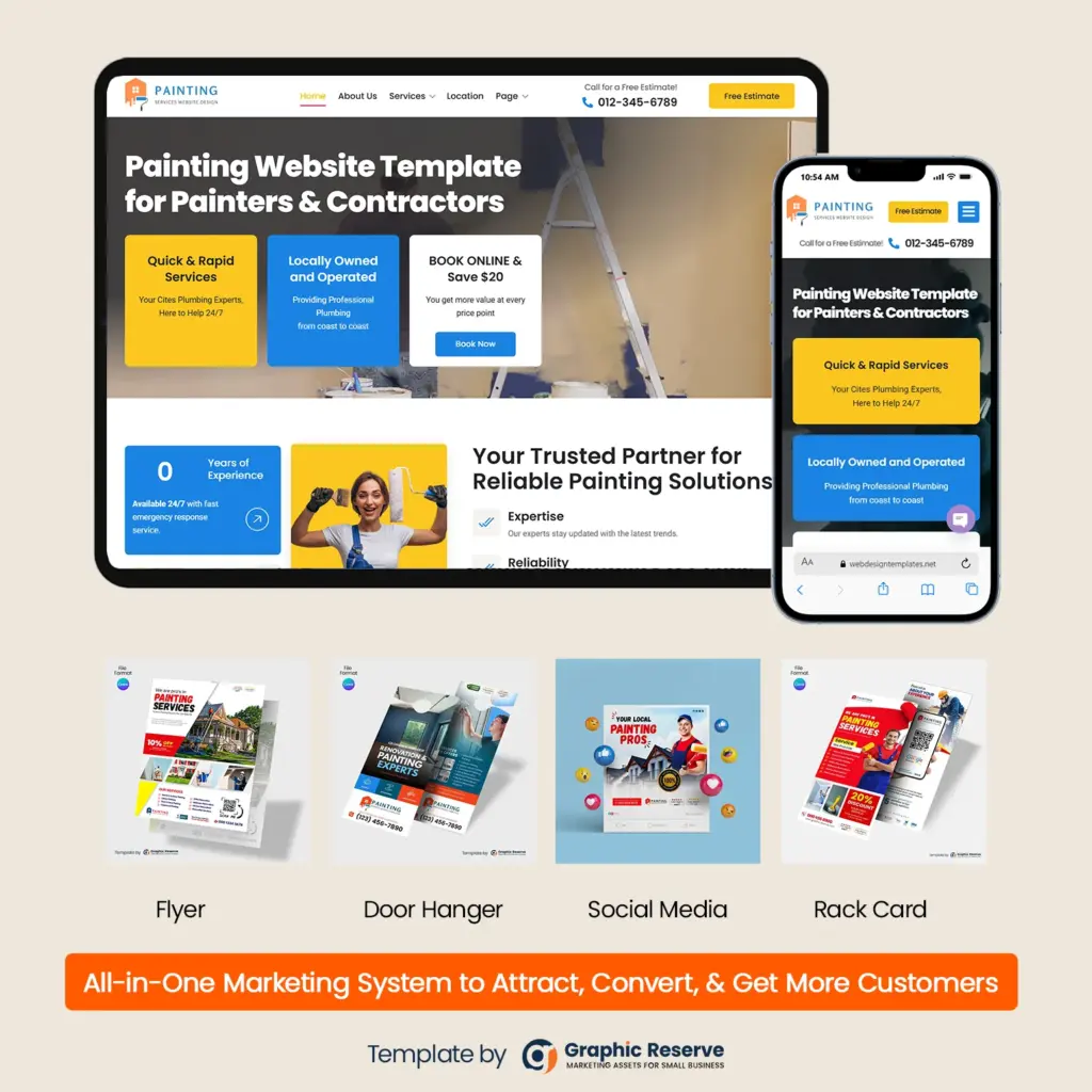 Painting Contractor Marketing Bundle | Canva Templates + Elementor Website Kit | House Painter Advertising