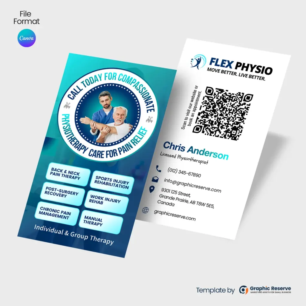 Physiotherapy Business Card Template | Canva | Rehab Clinic Marketing Material | Local Advertising Design