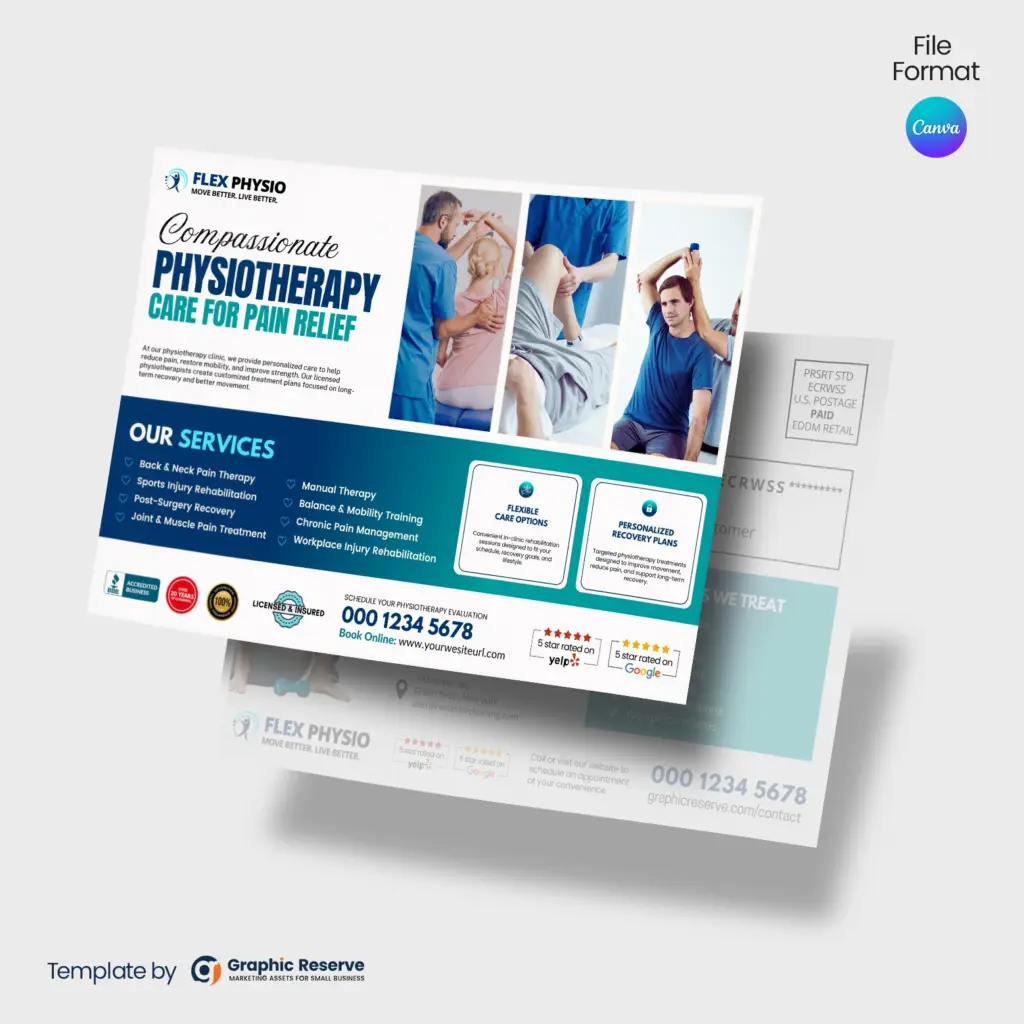 Physical Therapy Practice EDDM Postcard Template | Canva | Rehab Clinic Marketing Material | Physiotherapy Local Advertising Design