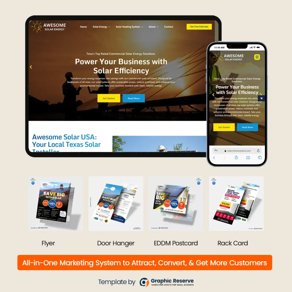 Solar Energy Marketing Bundle — Customizable Website, Door Hanger and EDDM Postcard Templates