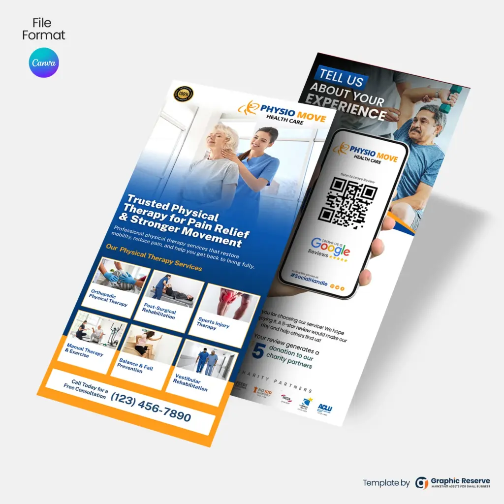 Physiotherapy Review Request Flyer Canva Template | PT Rack Card Marketing