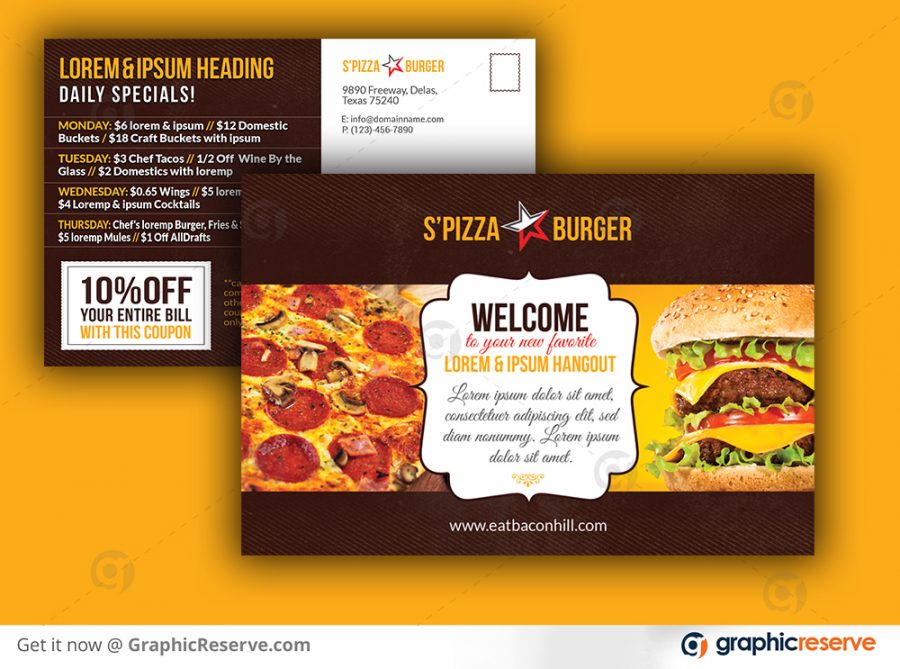 Restaurant pizza burger postcard design template