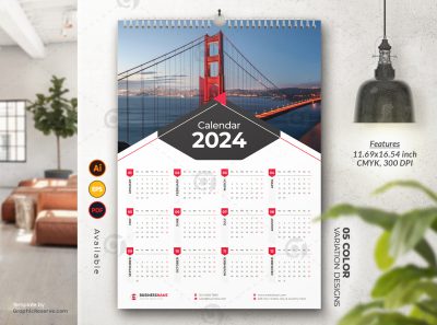 1 Page Wall Calendar 2024 template by didargds on graphicreserve
