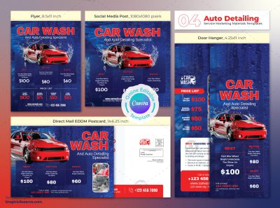 Car Wash Service Offer Marketing Material Canva Template Bundle