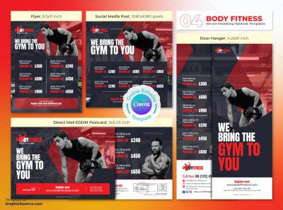 Fitness Gym Center Marketing Material Bundle Canva Template