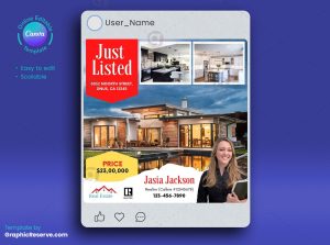 Just Listed Real Estate Listing Social Media Post Canva Template