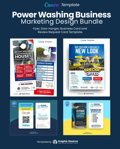 Power washing Business Marketing Instant Quote door hanger, coupon flyer, review request business card and business card template