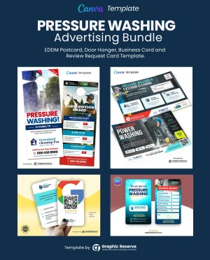 Pressure washing monthly pricing offer instant quote door hanger, EDDM postcard, review request business card, and instant quote request business card template