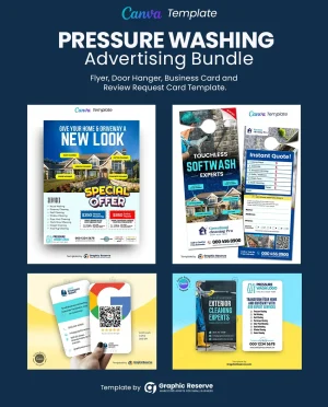 Pressure washing advertising flyer, instant quote request door hanger, review request business card and business card template