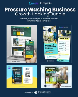 Pressure washing business website, instant quote door hanger, review request business card and EDDM postcard template