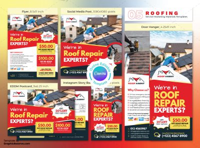 Roof Repair Expert Marketing Material Bundle Canva Template