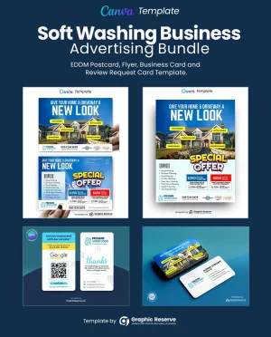Soft washing advertising eddm postcard, coupon flyer, review request business card and instant quote request business card template